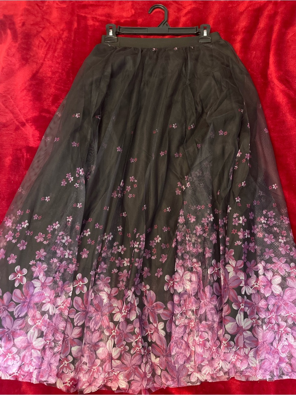 Black Tulle Midi Skirt with Purple Floral Embroidery